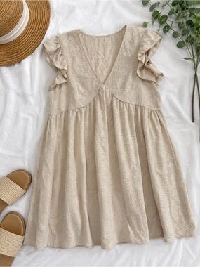 SHEIN Cream Ruffle Sleeve V-Neck Mini Dress